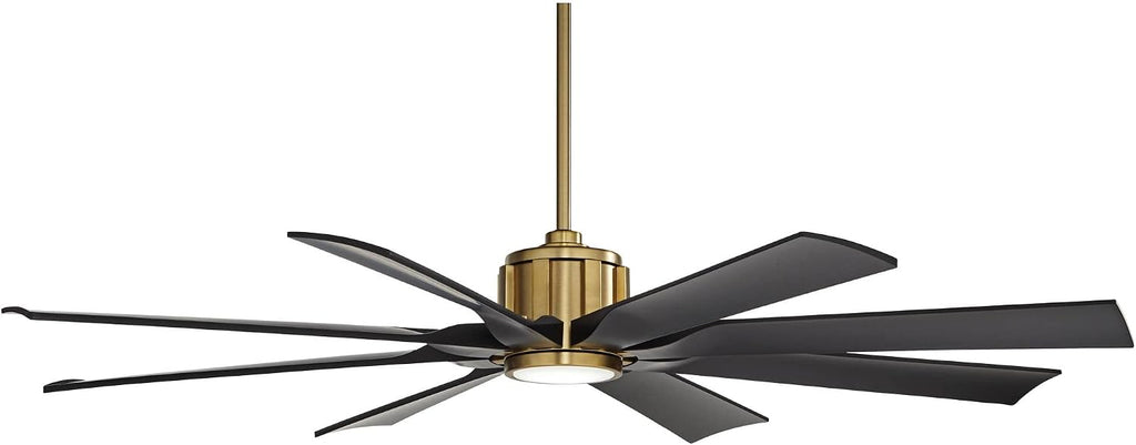 Possini Euro Design 60' Defender Modern Outdoor Ceiling Fan with LED Light Remote Control Soft Brass Matte Black Damp Rated for Patio Exterior House Home Porch Gazebo Garage Barn