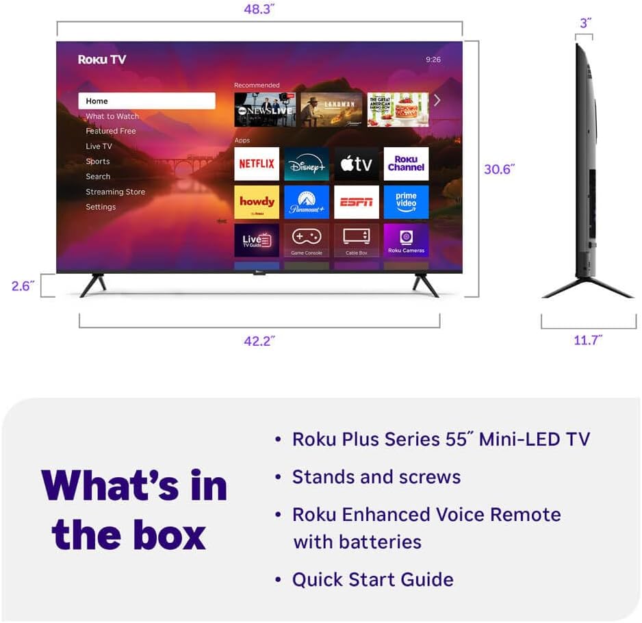 Roku 55-Inch Plus Series 4K QLED Mini-LED Smart TV, Dolby Vision & Atmos, HDR Plus, Bluetooth, Wi-Fi, 60Hz, Voice Control, Streaming Bundle with UAX HDMI Cable & 12-Month CPS Protection Plan