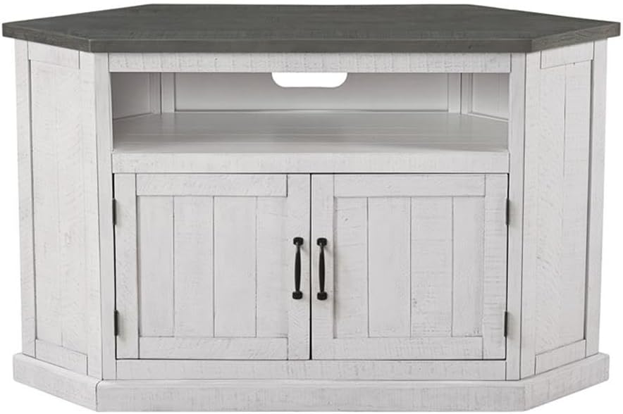 Martin Svensson Home Rustic Solid Wood Corner TV Stand - Entertainment Center White Stain with Grey Stain Top