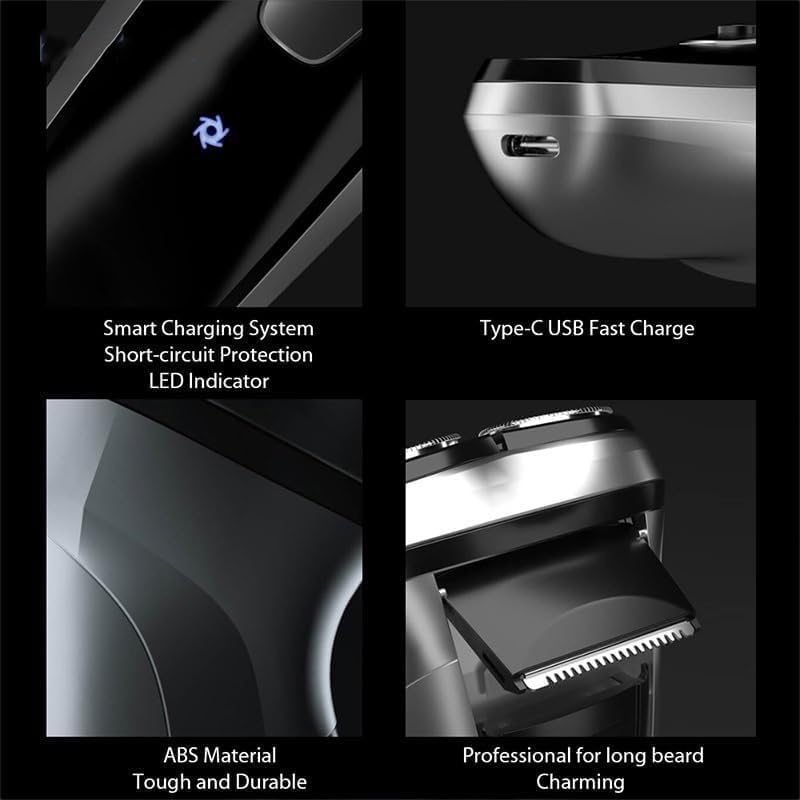 Electric Shavers for Bald Men, Electric Shaver Razor Men Type-C Rechargeable Shaving Beard Machine Intelligent Control Travel Lock (Color : Black)