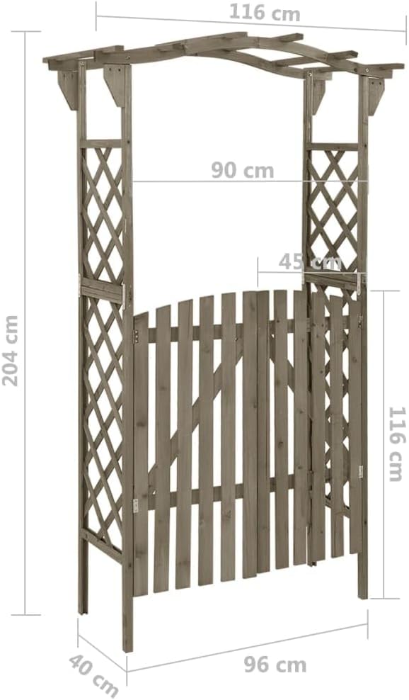 vidaXL Gray Pergola with Gate, Sturdy Solid Firwood and Pine Wood Garden Arch, Weather-Resistant Outdoor Decorative Structure, Rustic Farmhouse Style, Easy Assembly, Measurements: 45.7'x15.7'x80.3'.