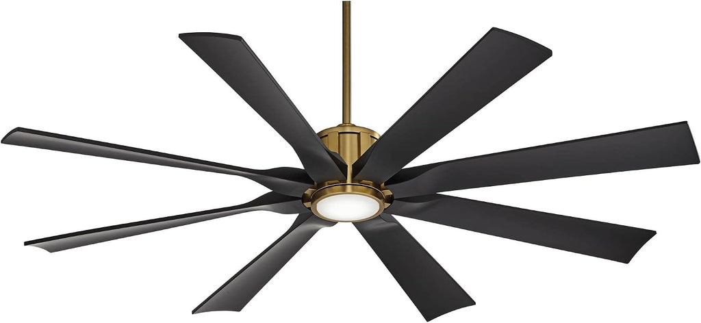 Possini Euro Design 60' Defender Modern Outdoor Ceiling Fan with LED Light Remote Control Soft Brass Matte Black Damp Rated for Patio Exterior House Home Porch Gazebo Garage Barn