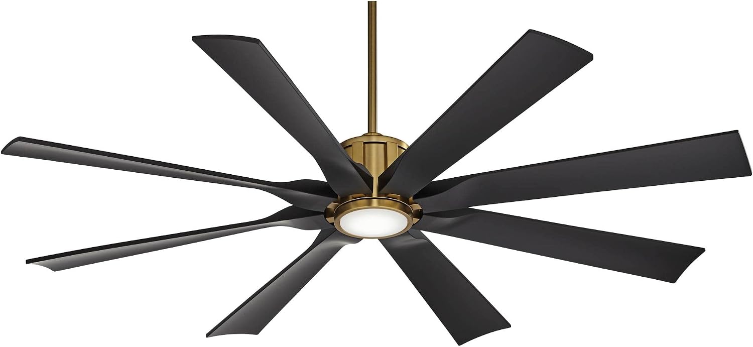 Possini Euro Design 60' Defender Modern Outdoor Ceiling Fan with LED Light Remote Control Soft Brass Matte Black Damp Rated for Patio Exterior House Home Porch Gazebo Garage Barn