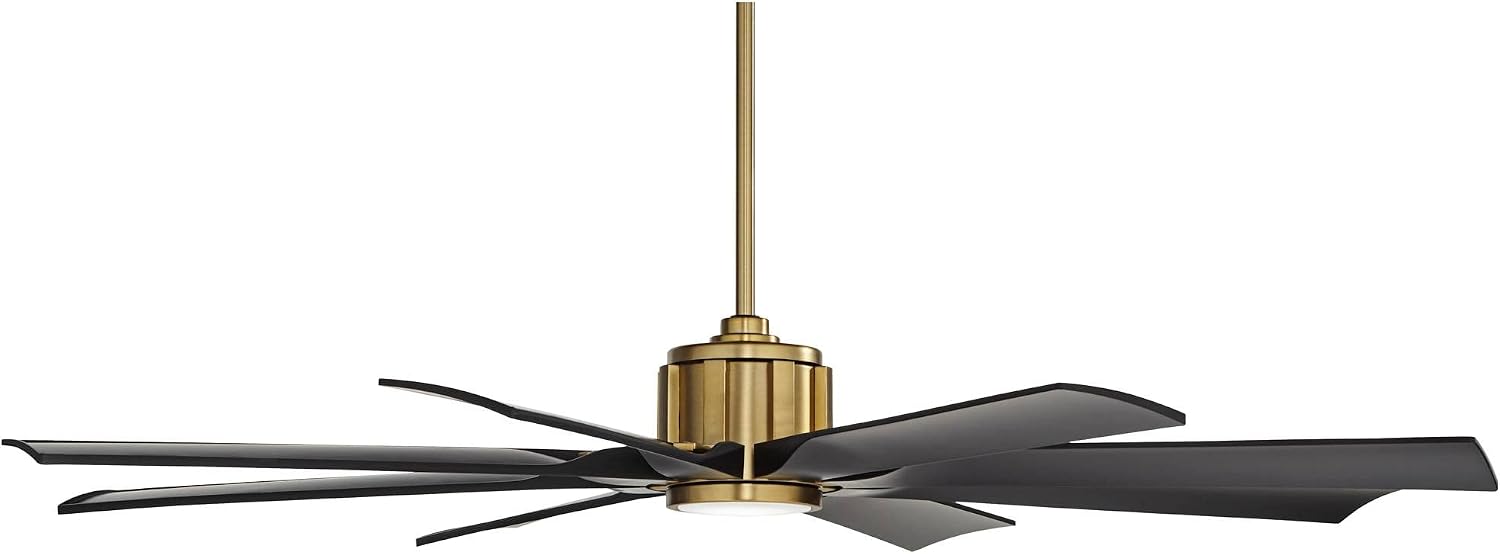 Possini Euro Design 60' Defender Modern Outdoor Ceiling Fan with LED Light Remote Control Soft Brass Matte Black Damp Rated for Patio Exterior House Home Porch Gazebo Garage Barn