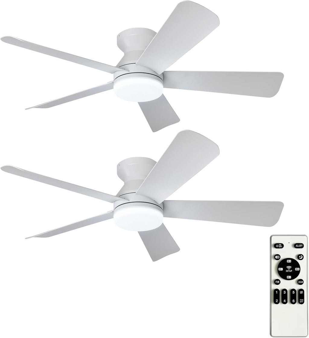 Depuley 42-Inch Ceiling Fans with Lights: Flush Mount Ceiling Fan with Remote Control Indoor/Outdoor - White 5 Blade Low Profile Fandelier for Kitchen Gazebo - Reversible Quiet Timer - 2 Packs