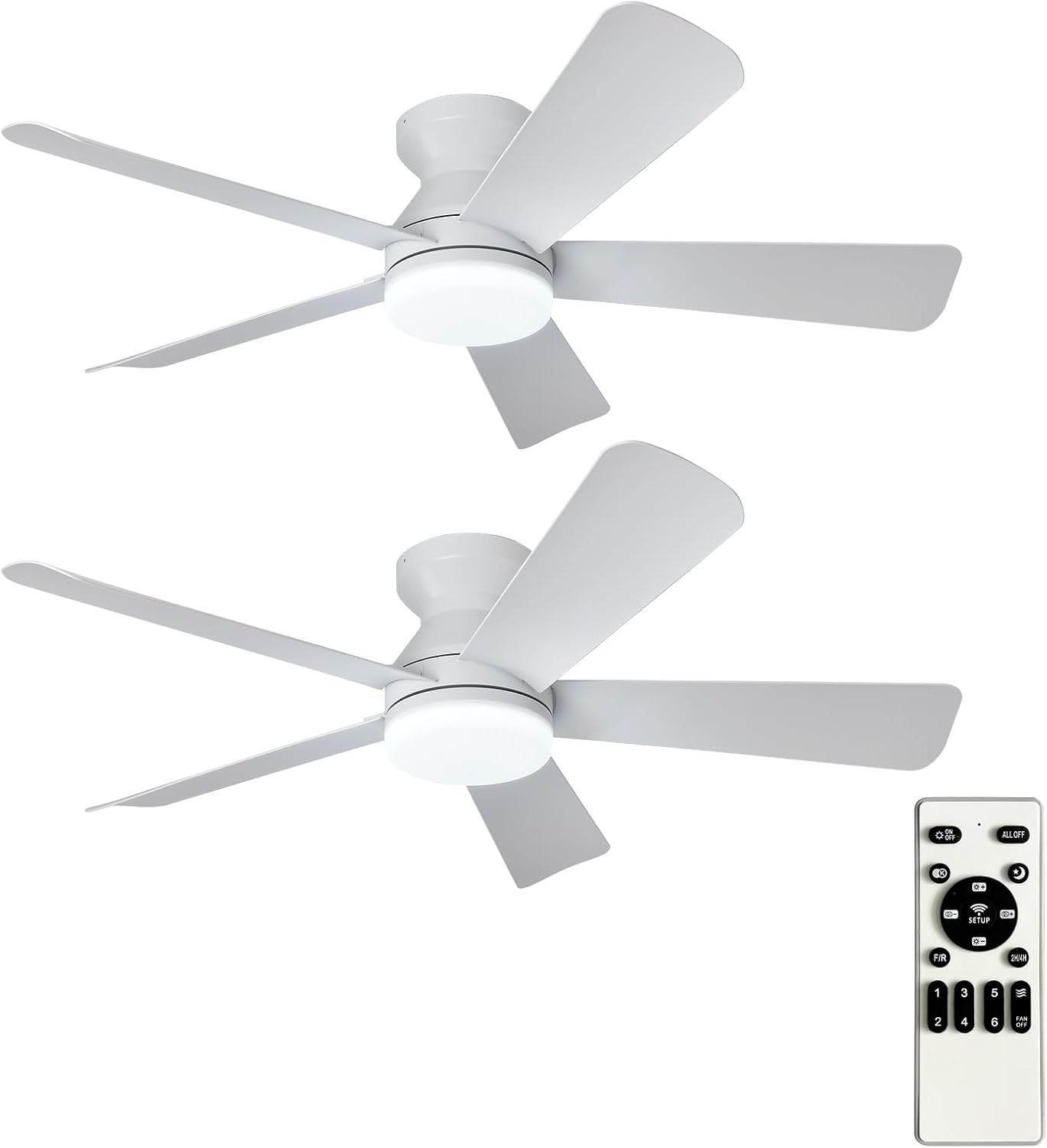 Depuley 42-Inch Ceiling Fans with Lights: Flush Mount Ceiling Fan with Remote Control Indoor/Outdoor - White 5 Blade Low Profile Fandelier for Kitchen Gazebo - Reversible Quiet Timer - 2 Packs