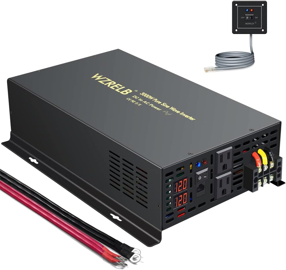 WZRELB 3000W 12VDC 120VAC Pure Sine Wave Power Inverter with 2 AC Outlets Wired Remote Control Car Inverter (RBP-300012WR)