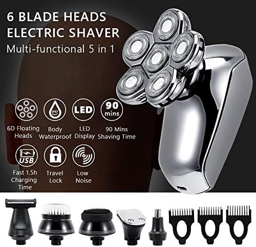 Electric Shavers for Bald Men, 6in1 Electric Razor Electric Shaver USB Rechargeable Shaving Machine for Men Beard Razor Wet-Dry Dual Use Water Proof Fast Charging