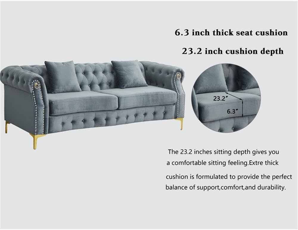 Pemberly Row 3-Piece Living Room Sofa Set, Velvet Upholstery, Gray with Golden Rivets, Includes Sofa, Loveseat, Armchair, Button Tufted, Nailhead Trim, Modern Chesterfield Style, Comfortable Seating