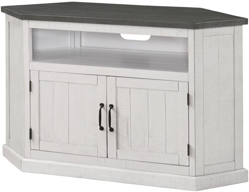 Martin Svensson Home Rustic Solid Wood Corner TV Stand - Entertainment Center White Stain with Grey Stain Top