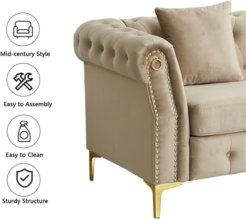 Pemberly Row 3-Piece Velvet Living Room Sofa Set, Beige Upholstery, Golden Rivets, Includes Sofa, Loveseat, Armchair, Button Tufted Design, Rolled Arms, Metal Legs, Comfortable Seating for