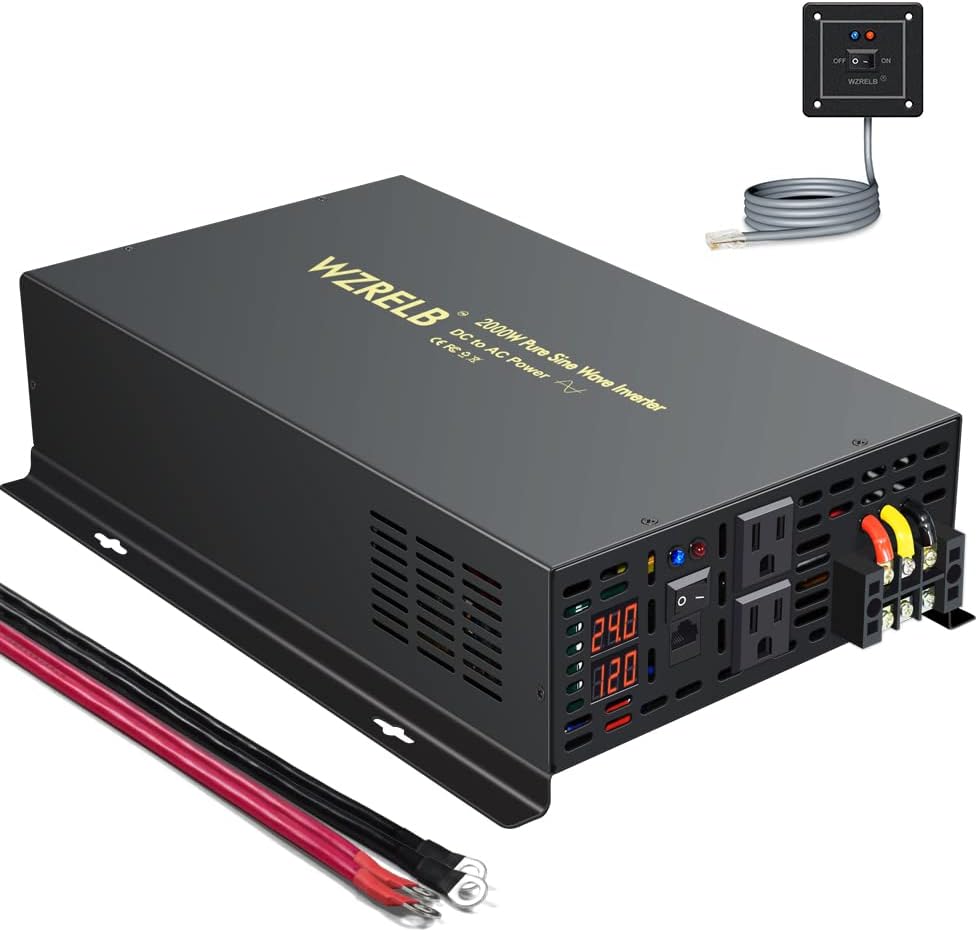 WZRELB 2000W 24VDC 120VAC Pure Sine Wave Power Inverter with 2 AC Outlets Wired Remote Control Car Inverter (RBP-200024WR)