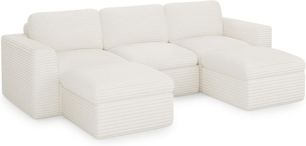 Cloud Modular Sectional Sofa with Ottoman Boneless Sectional Couches for Living Room Plush Corduroy Fabric 3-Seater U Shaped Couch.White Sofa.