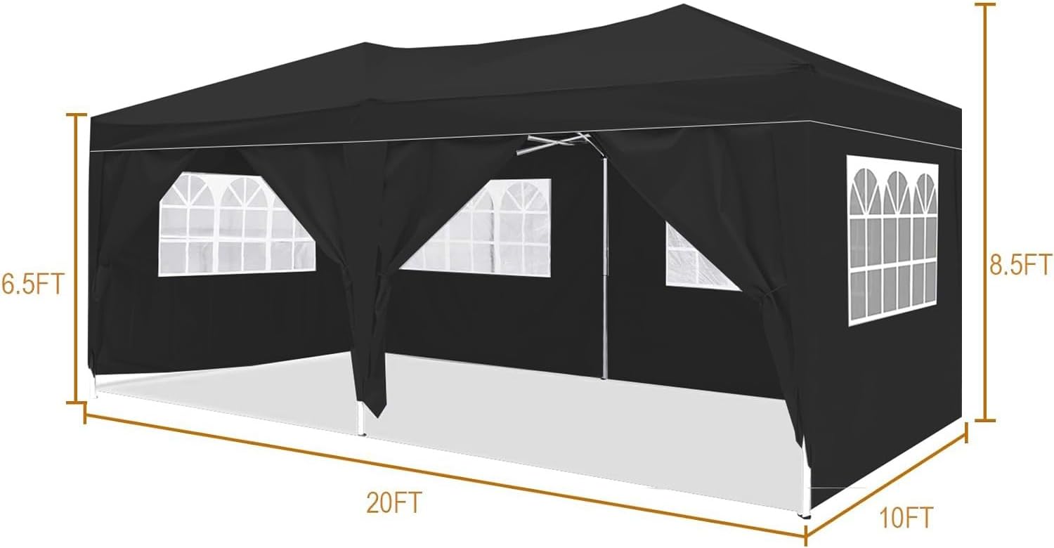 10x20 Pop Up Canopy with 6 Sidewalls Commercial Canopy Tent UPF 50+ All Weather Waterproof Outdoor Wedding Party Tent for Gazebo, Camping, Backyard Parties with Sand Bag, Black