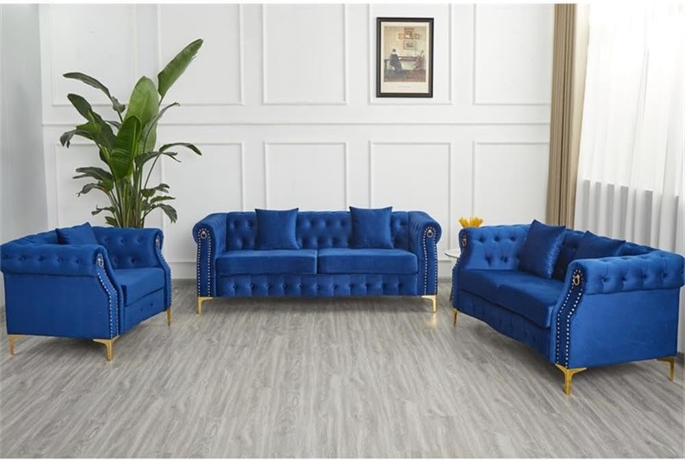 Pemberly Row 3-Piece Blue Velvet Living Room Sofa Set, Includes Sofa, Loveseat, Armchair, Button Tufted Upholstery, Gold Metal Legs, Nailhead Trim, Plush Cushions, Elegant Seating for Home or Upscale