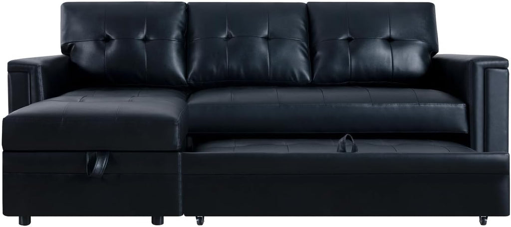 Naomi Home L-Shaped Sectional Sleeper Sofa with USB Ports - Convertible Pull-Out Bed, Ample Storage, Timeless Design, Durable Construction Black/Air Leather