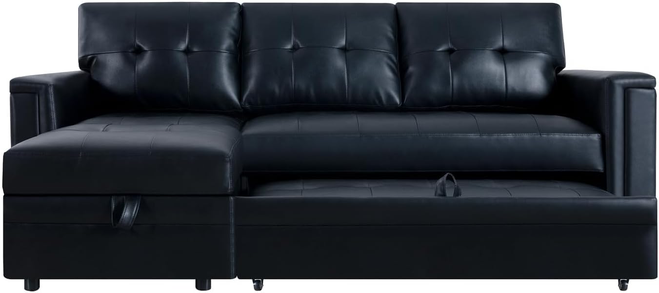 Naomi Home L-Shaped Sectional Sleeper Sofa with USB Ports - Convertible Pull-Out Bed, Ample Storage, Timeless Design, Durable Construction Black/Air Leather