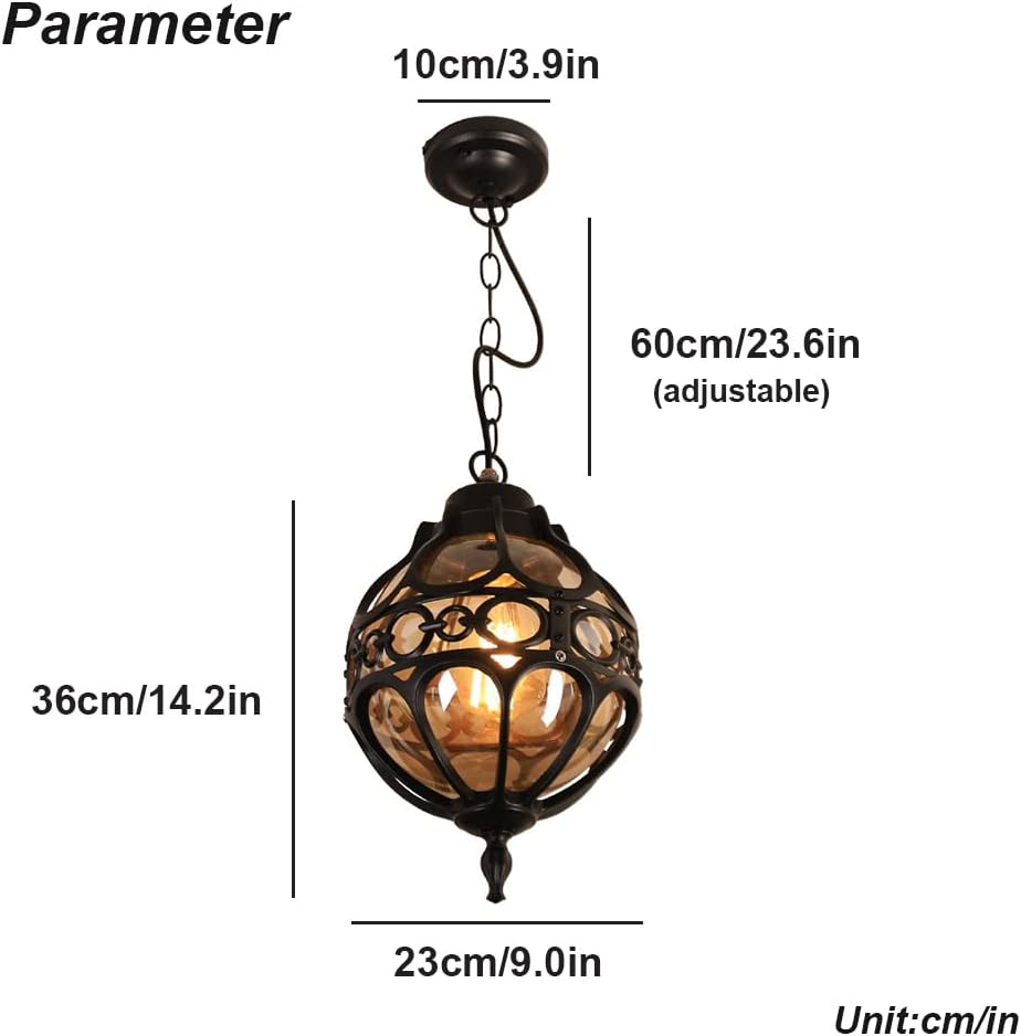 Retro Outdoor Pendant Light Industrial Vintage Outside Waterproof Ceiling Hanging Light Globe Glass Lampshade Aluminum Chandelier for Porch Garden Patio Farmhouse (Black,23cm)