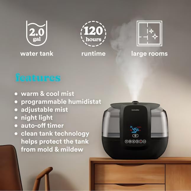 HOMEDICS Total Comfort Ultrasonic Humidifier with UV-C Technology Warm and Cool Mist, Top-Fill, 120-Hour, 2-Gallon (For Rooms Up To 587-sq ft) Black