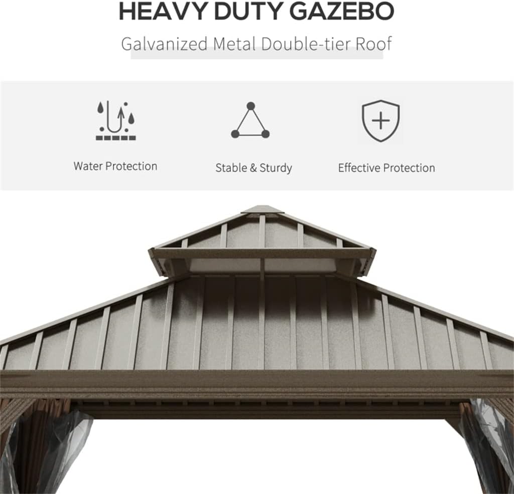 12'x12' Metal Roof Gazebo Canopy with Curtains and Netting, Outdoor Hardtop Gazebo with Aluminum Frame for Backyards