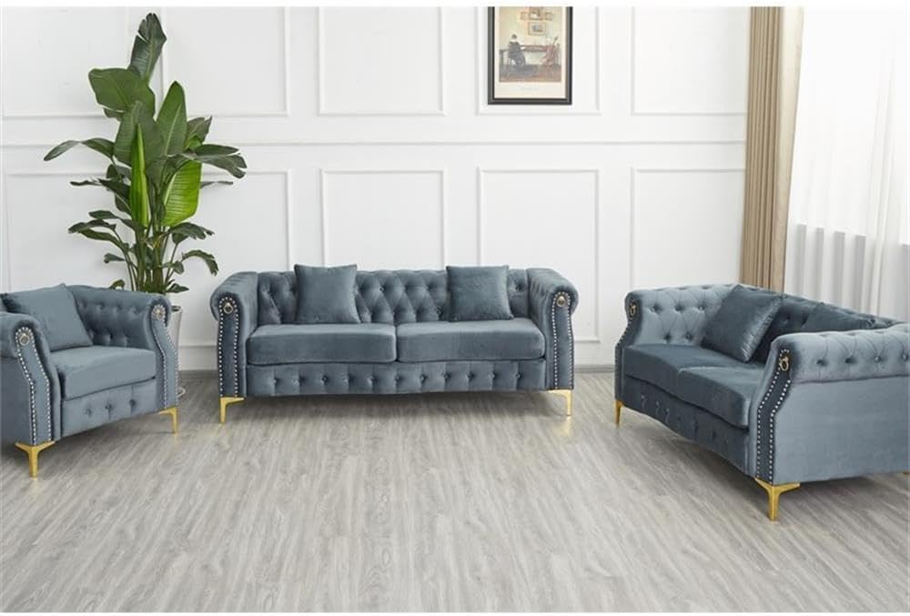 Pemberly Row 3-Piece Living Room Sofa Set, Velvet Upholstery, Gray with Golden Rivets, Includes Sofa, Loveseat, Armchair, Button Tufted, Nailhead Trim, Modern Chesterfield Style, Comfortable Seating