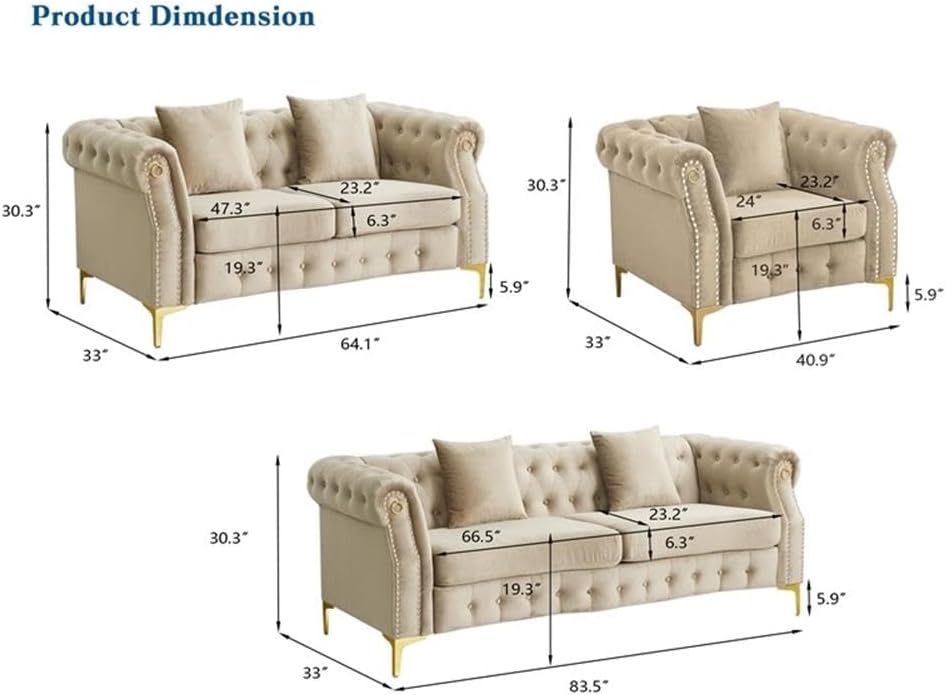 Pemberly Row 3-Piece Velvet Living Room Sofa Set, Beige Upholstery, Golden Rivets, Includes Sofa, Loveseat, Armchair, Button Tufted Design, Rolled Arms, Metal Legs, Comfortable Seating for