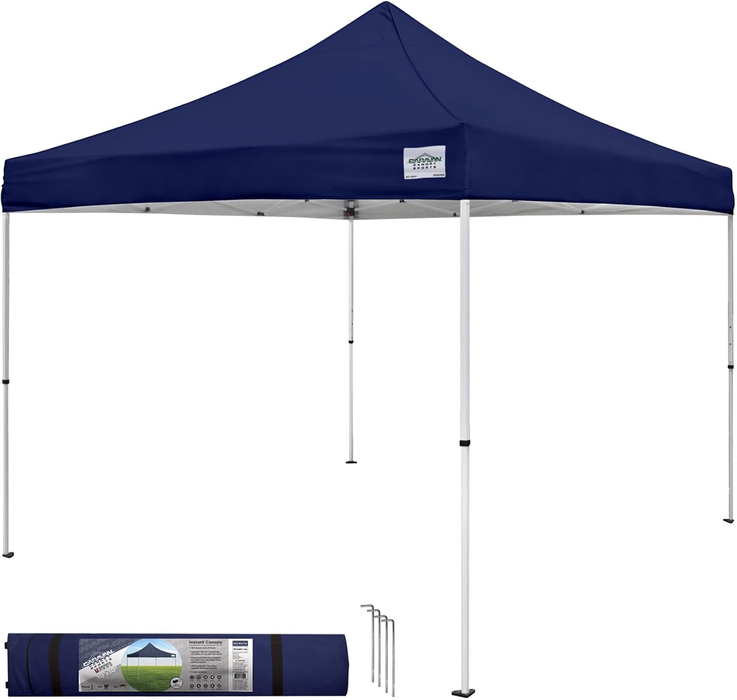 Caravan Canopy M Series Pro 2 10 x 10 Foot Lightweight Steel Frame Shade Tent with Rising Truss System, Pull Pin Sliders, and Roller Bag, Navy Blue