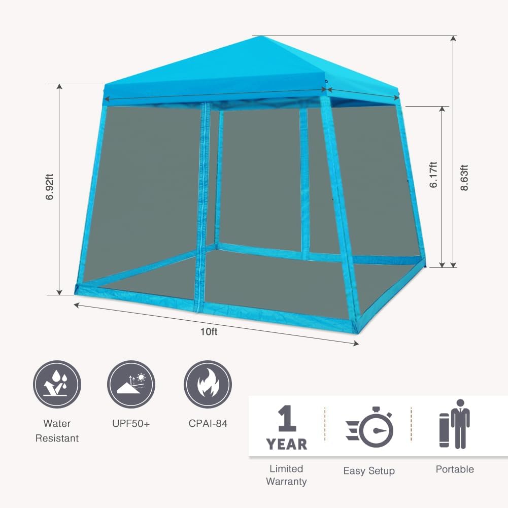 COOS BAY 10x10 Pop Up Canopy Tent with Screen Netting, Slant Leg Canopy with UPF 50+ UV Protection, 64 Sq Ft Shade, One Person Setup with Carry Bag, Light Blue