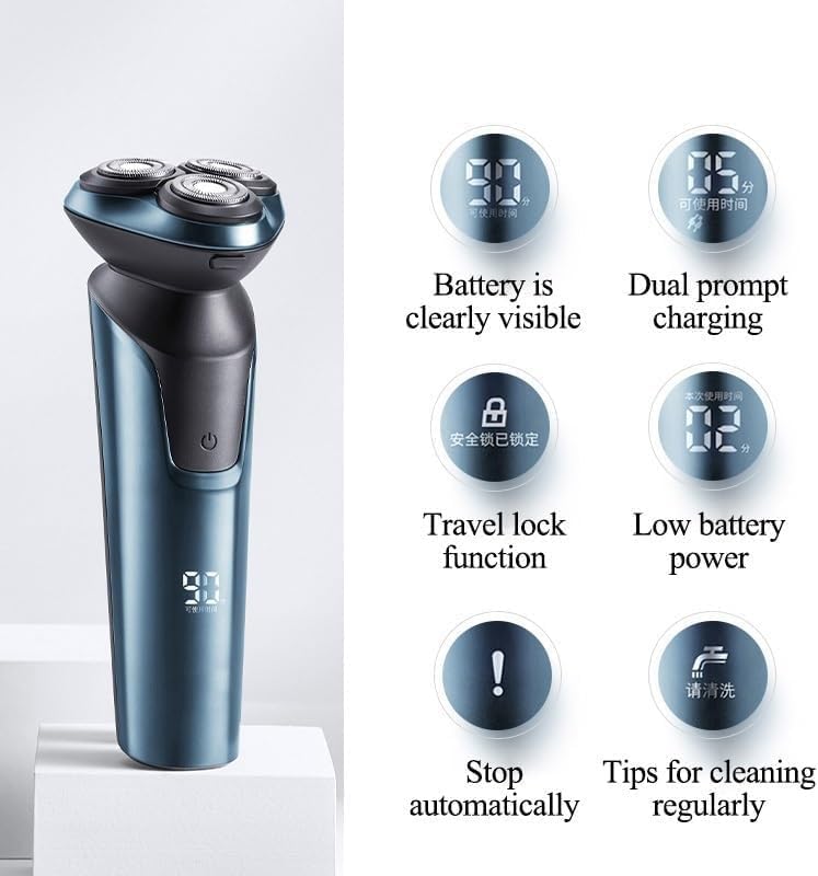 Electric Shavers for Men, Rotating 3 Cutter Heads Washable USB Rechargeable Electric Shaver Razor LED Smart Waterproof Shaving Machine