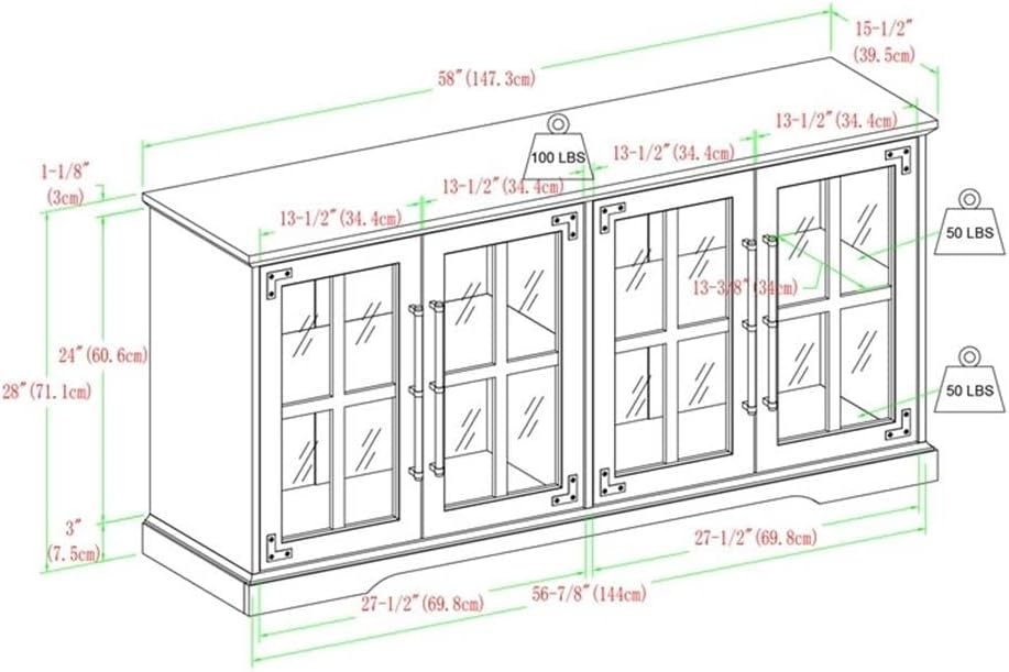 Pemberly Row Farmhouse 4 Door Wood TV Stand, Rustic Oak Finish, Tempered Glass Doors, Adjustable Shelves, Soft Close Hinges, Cord Management, 58'x16'x28', Fits TVs up to 64', Living Room Storage