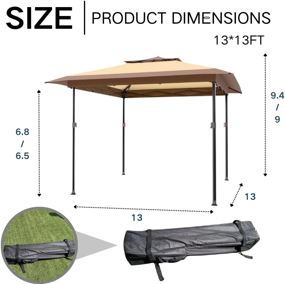 Kingdura 13x13 Pop Up Canopy, Easy Setup Canopy Tent, Double Roof Outdoor Patio Shelter Sun Shade with 4 Sand Bags, 3 Adjustable Height for Patio Furniture, Party, Wedding, Outdoor Dining (Khaki)