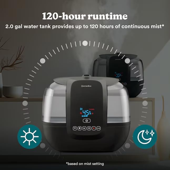 HOMEDICS Total Comfort Ultrasonic Humidifier with UV-C Technology Warm and Cool Mist, Top-Fill, 120-Hour, 2-Gallon (For Rooms Up To 587-sq ft) Black