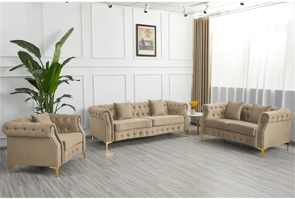 Pemberly Row 3-Piece Velvet Living Room Sofa Set, Beige Upholstery, Golden Rivets, Includes Sofa, Loveseat, Armchair, Button Tufted Design, Rolled Arms, Metal Legs, Comfortable Seating for