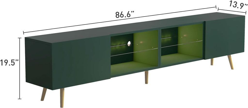 Bonzy Home 86' LED TV Stand, Modern Entertainment Center up to 90' TV, Television Console Table with Storage Cabinets for Living Room, Dark Green
