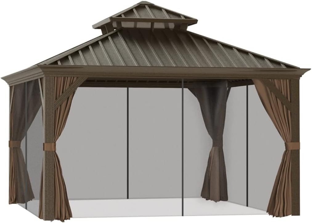 12'x12' Metal Roof Gazebo Canopy with Curtains and Netting, Outdoor Hardtop Gazebo with Aluminum Frame for Backyards