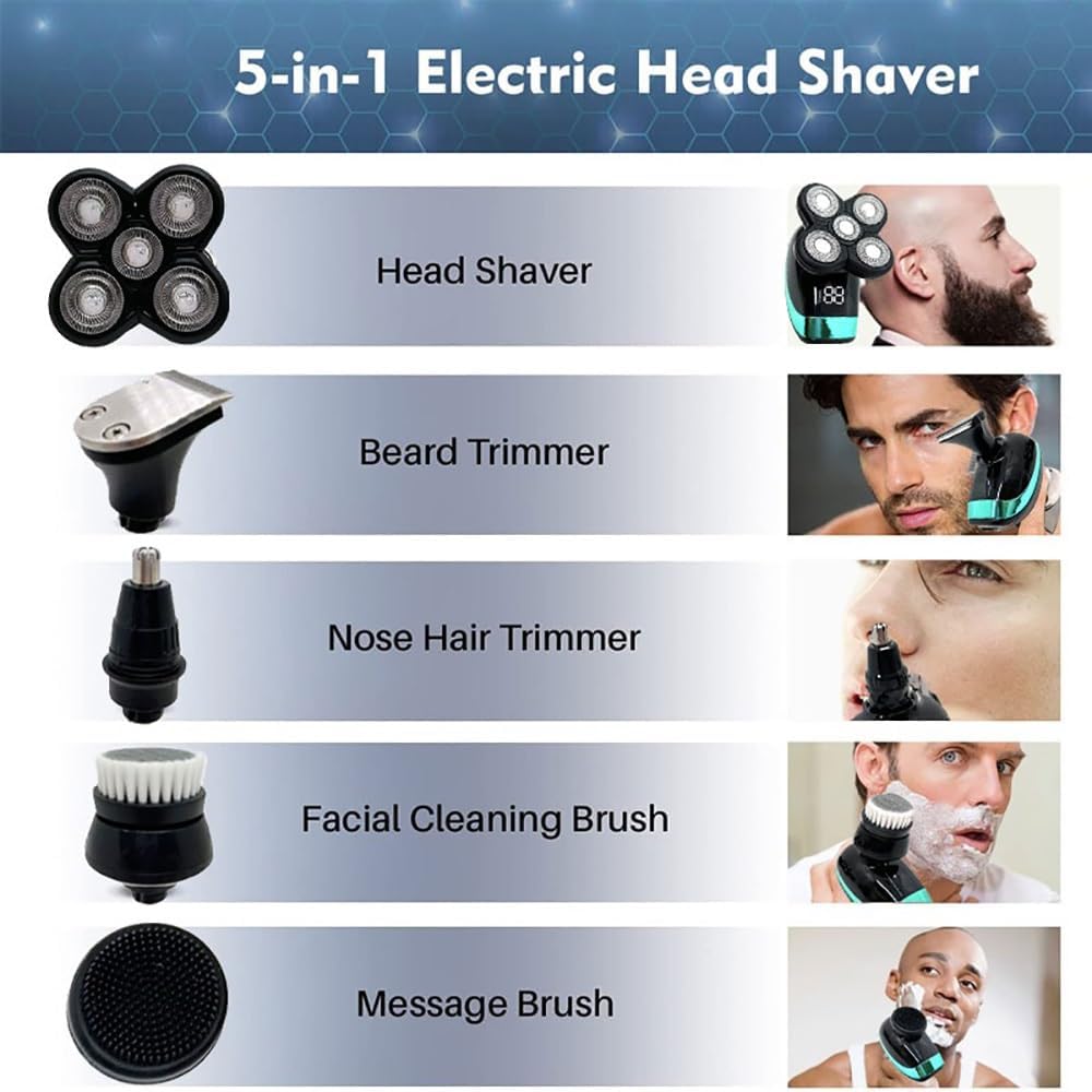 Head Shaver for Men, 5 in 1 Bald Head Shaver with Hair Clippers Nose Hair Trimmer Facial Cleaning Waterproof Electric Shaver for Men Beard Trimmer