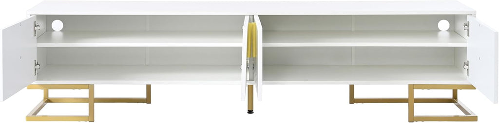 ON-TREND Modern TV Stand with Metal Legs and Gold Handles for TVs Up to 80'', Media Console Table with Cabinets and Adjustable Shelves, Luxury TV Cabinet with Geometric Lines for Living Room, White