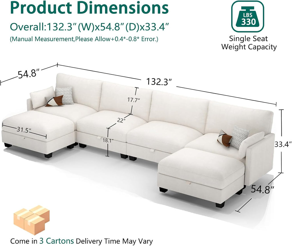 Modular Sectional U Shaped Sofa Couches for Living Room, Cloud Couch with Storage Ottoman, Comfy Chenille Sofa with Pillow, Beige