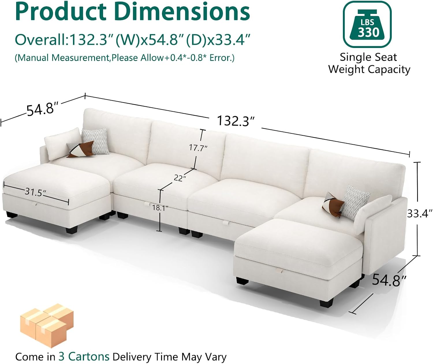 Modular Sectional U Shaped Sofa Couches for Living Room, Cloud Couch with Storage Ottoman, Comfy Chenille Sofa with Pillow, Beige