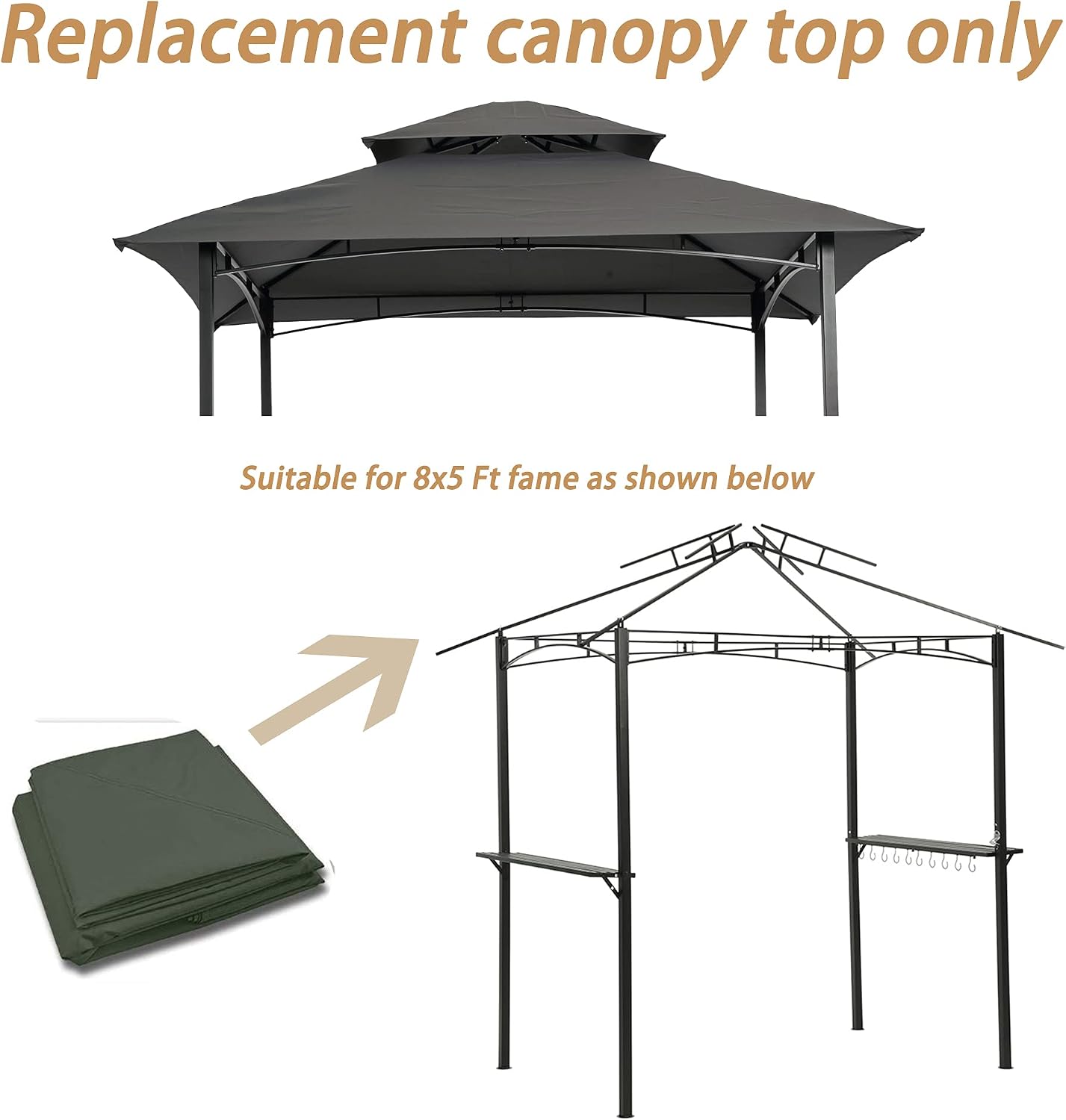 Replacement Canopy for 8x5 FT Grill Gazebo, Double Tiered BBQ Tent Roof Cover Only, UV & Water Repellent Polyester Fabric (Gray)