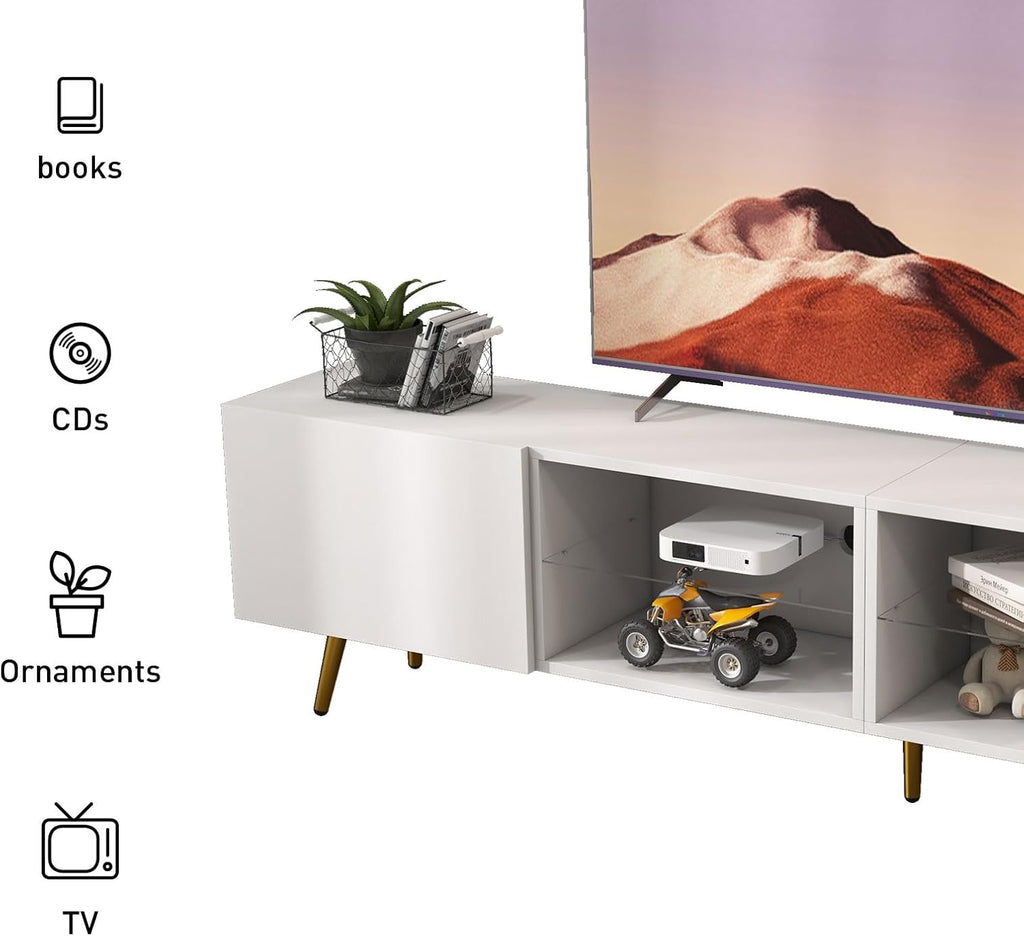 Bonzy Home 86' LED TV Stand, Modern Entertainment Center up to 75' 80' 85' TV, Television Console Table with Storage Cabinets for Living Room, White