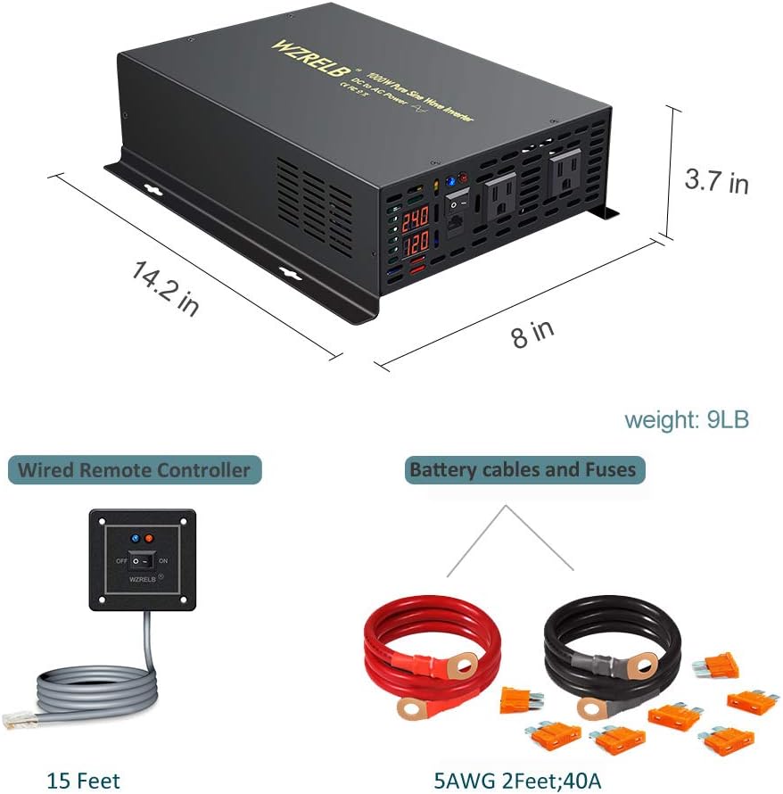 WZRELB 1000W 24VDC 120VAC Pure Sine Wave Power Inverter with 2 AC Outlets Wired Remote Control Car Inverter (RBP-100024WR)