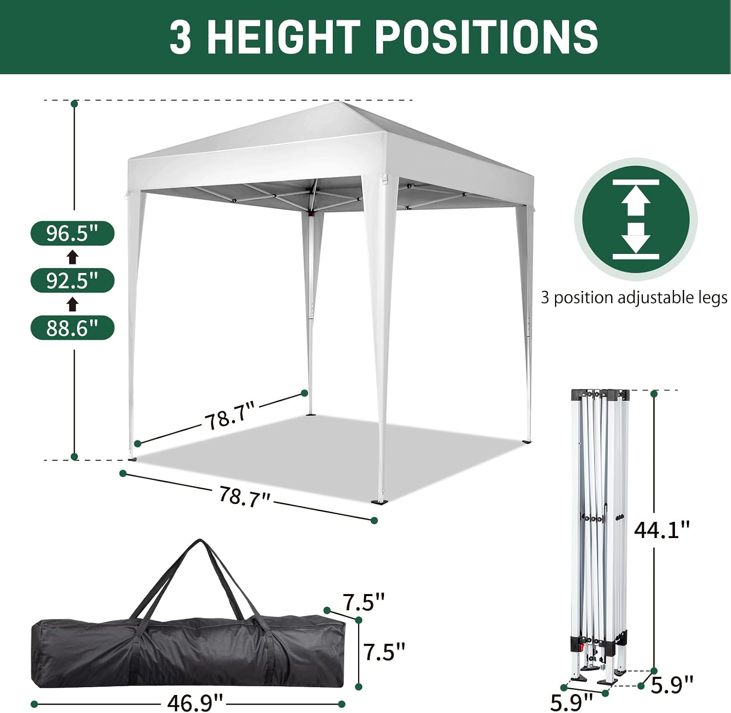 6.5x6.5 Pop Up Canopy Tent with Sidewalls, 3 Height Adjustable Beach Tent with Carrying Bag, 8 Stakes & 4 Ropes, Easy Set Up Gazebo for Events, Party, Wedding (6.5x6.5FT White with 4Sidewalls)