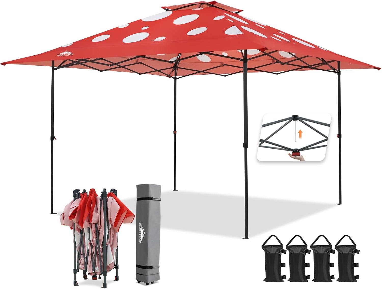 EAGLE PEAK 13x13 Straight Leg Pop Up Canopy Tent Instant Outdoor Canopy Easy Single Person Set up Folding Shelter w/Auto Extending Eaves 169 Square Feet of Shade (Red Mushroom)