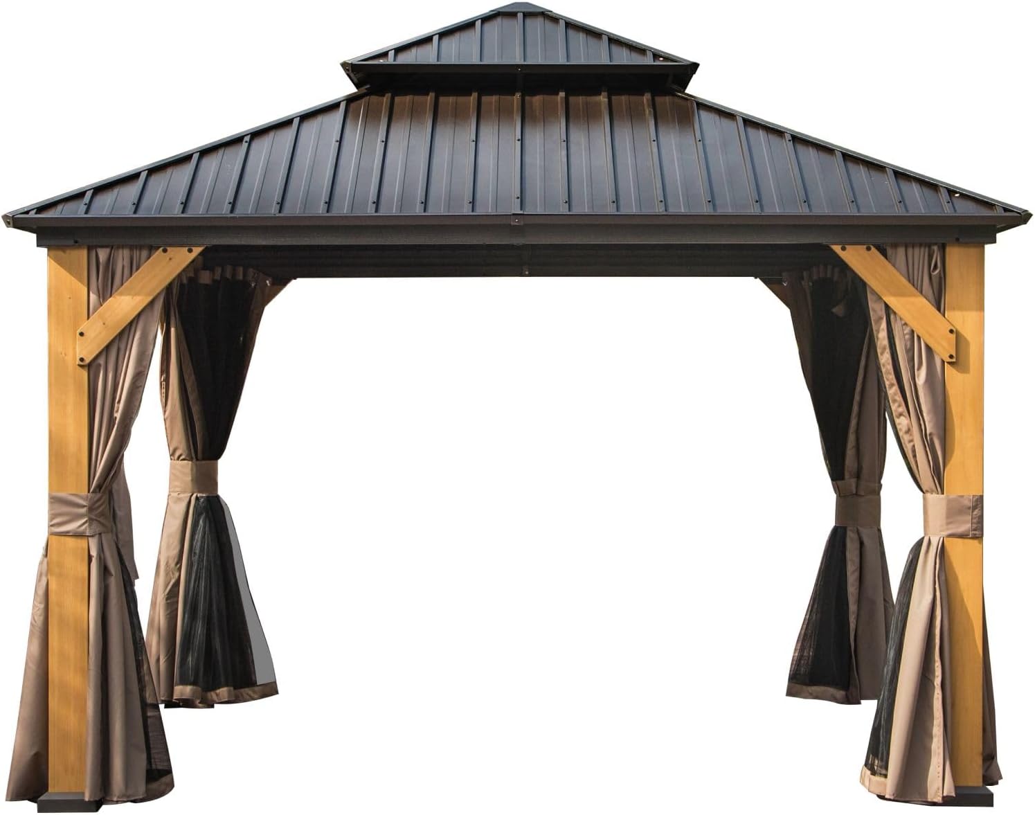 12 x 12FT Cedar Wood Frame Hardtop Gazebo with Galvanized Steel Double Roof, Curtains and Netting, Outdoor Wooden Gazebo Pergola for Patio Lawn Backyard