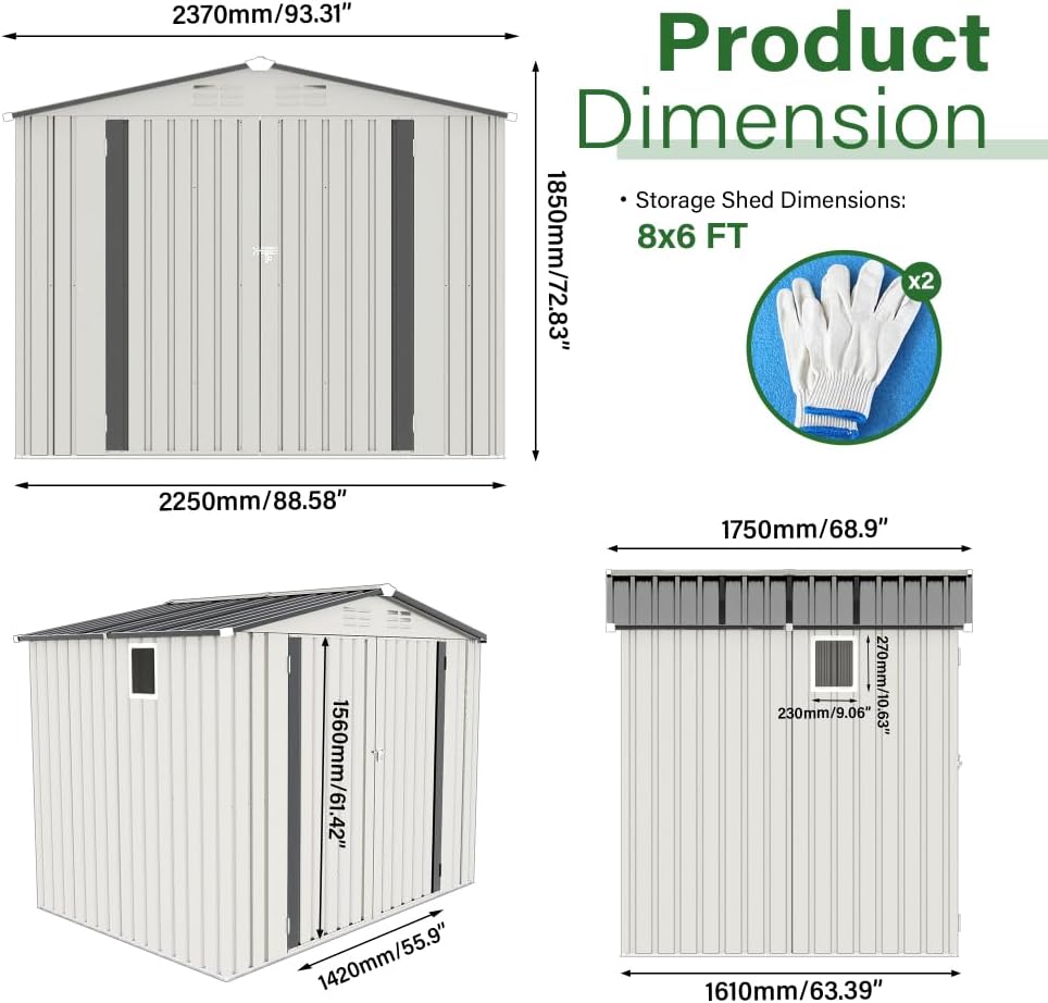 8X6 FT Metal Outdoor Storage Shed with Window & Vents, Waterproof Garden Tool Shed with Lockable Door & Pitched Roof, Durable Steel Bike Storage for Yard, Patio, White & Gray
