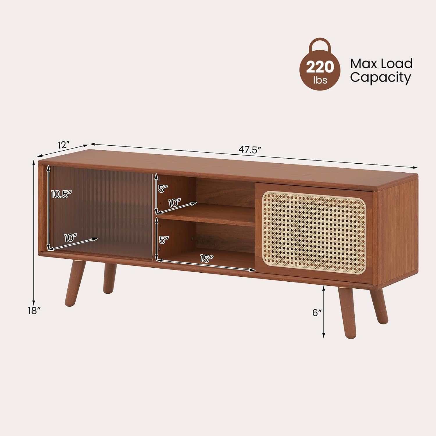 Giantex Bamboo TV Stand for TVs up to 55', Mid Century Modern Entertainment Center w/ 3-Level Adjustable Shelf, PE Rattan, Tempered Glass Sliding Door, Media TV Console Table for Bedroom (Walnut)