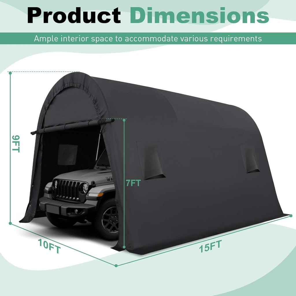 COBIZI Carport 10x15 FT Heavy Duty Portable Garage Storage Shelter Shed with All-Steel Metal Frame & Vents, Round Style Outdoor Storage Shed for Car, Truck, Boat, Patio Furniture Anti-Snow Waterproof