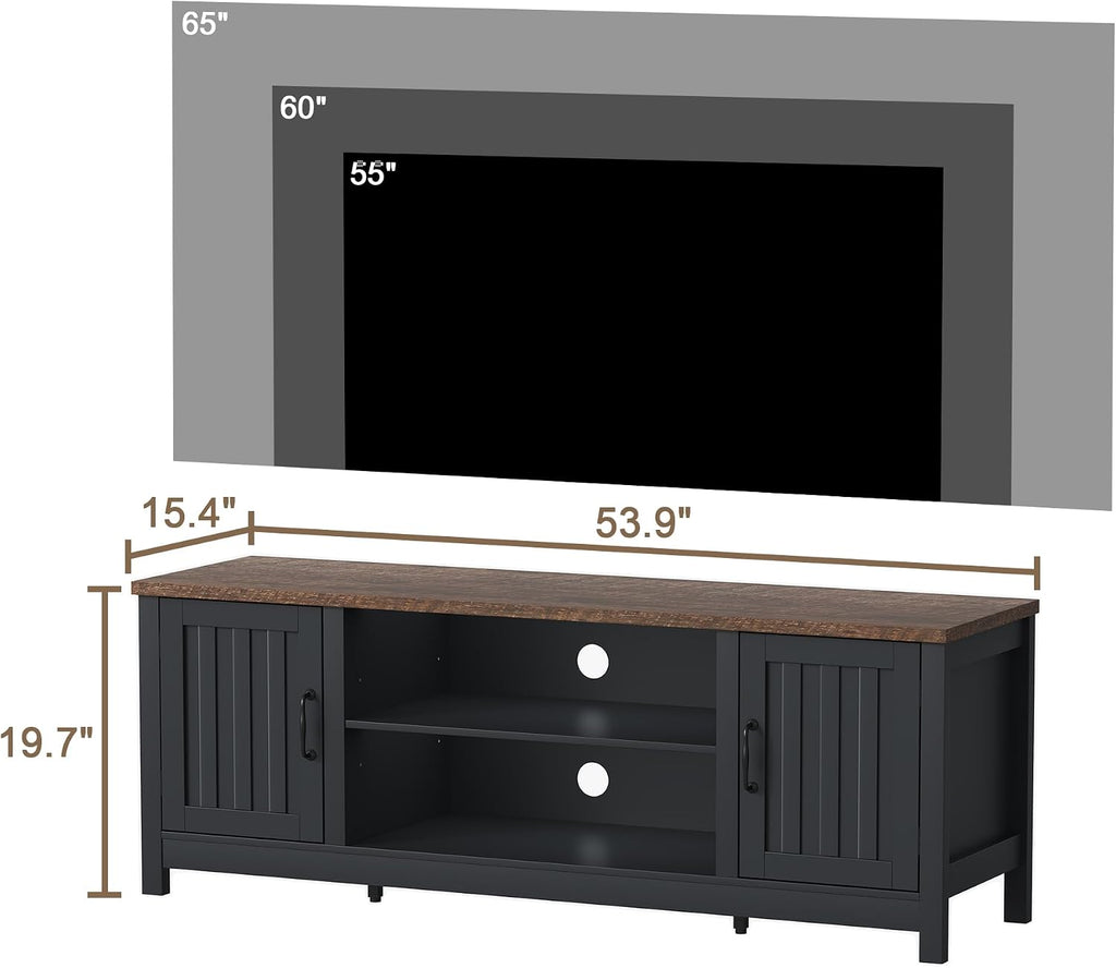 ChooChoo 54' Farmhouse TV Stand for TVs up to 65 inches, Entertainment Center with Storage Cabinets, Open Shelves and Fluted Door, TV Console Table for Living Room, Bedroom, Black
