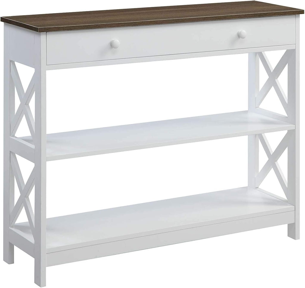 Convenience Concepts Oxford 1-Drawer Console Table 39.5' - Farmhouse Sofa Display with Storage Shelf For Living, Family, & Dining Room, Modern Entryway Hall Table for Kitchen, Bedroom, Driftwood/White